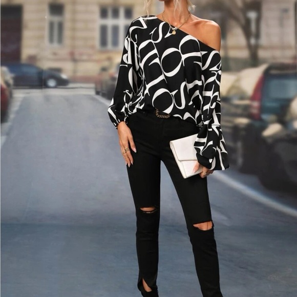Classic Alphabet Letters Abstract Print Batwing Sleeve Top Blouse Shirt Black - Picture 6 of 11